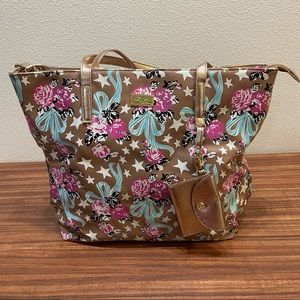 Betsy Johnson Love Betsey Large Floral Gold Rose with Blue Ribbon Handbag